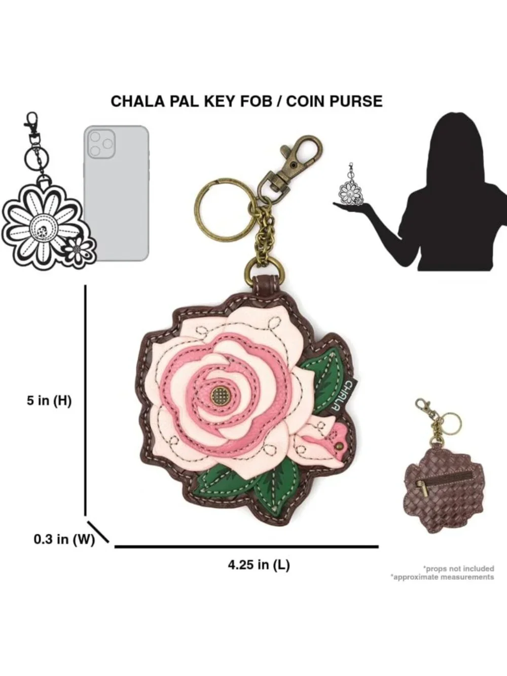 Decorative Key Fob & Coin Purse Accessory - Plant Life Design - Pink Rose